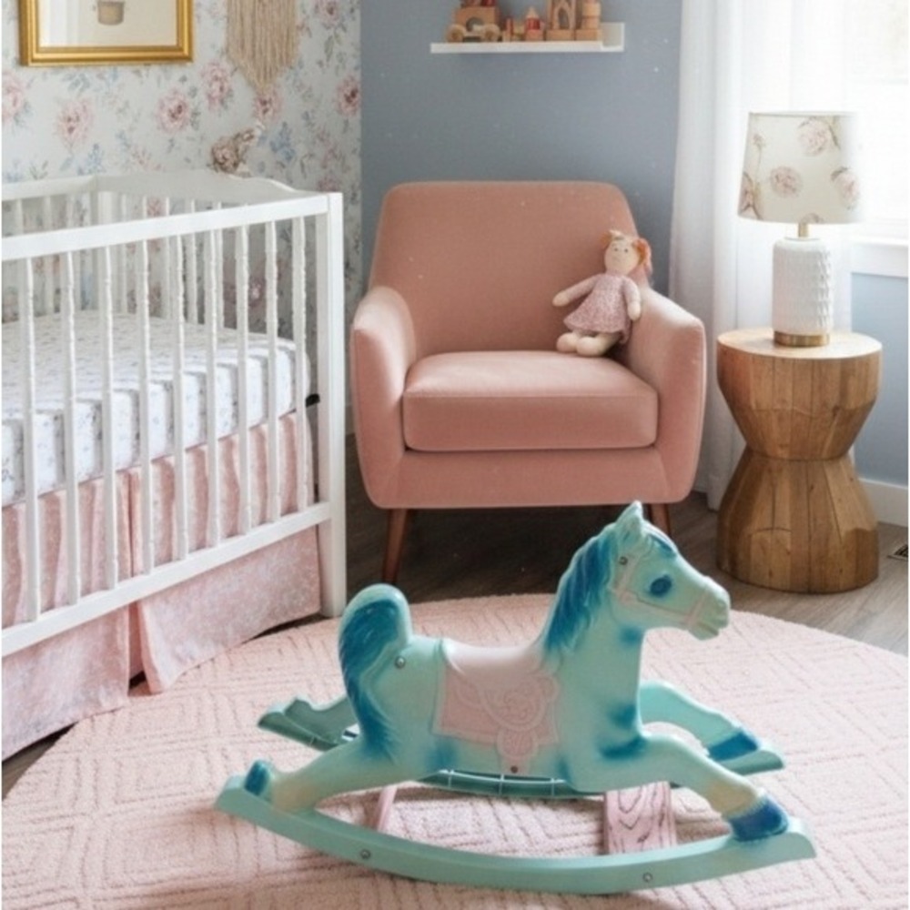 Vintage Wonder Shoo-Fly 60's Rocking Horse Blue Pink Retro Boho‎ Baby Nursery